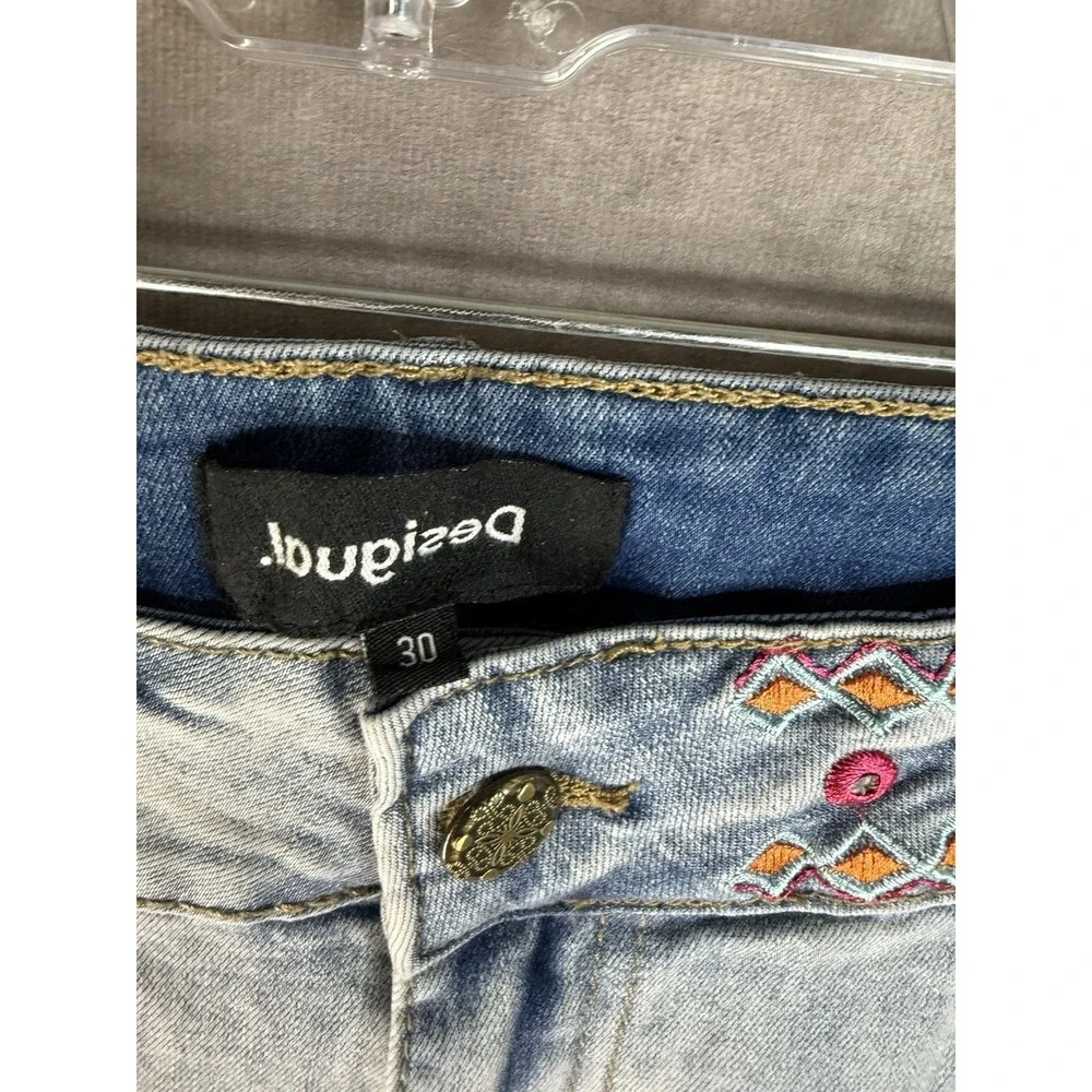Desigual Embroidered Boho Denim Bermuda Long Shorts In Blue Size 30